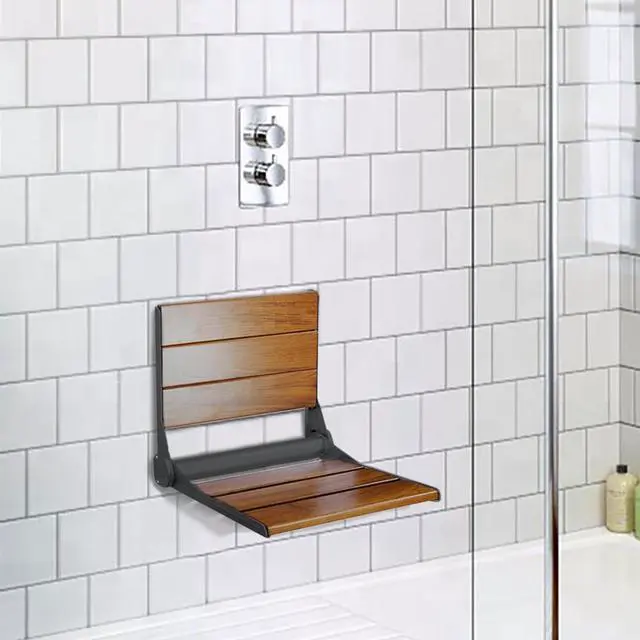 Alt view image 6 of 7 - 18" ADA Compliant Folding Teak Wood Shower Bench Seat Medical Wall Mount Black