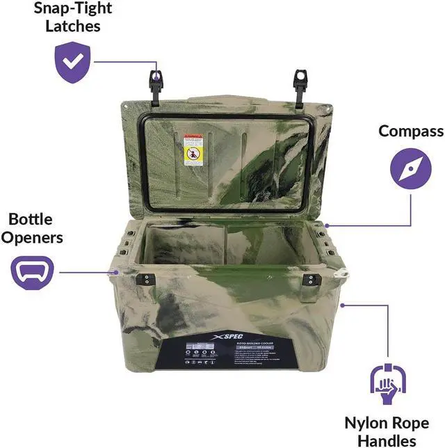 Alt view image 10 of 14 - Xspec 60 Quart Roto Molded High Performance Ice Chest Outdoor Cooler, Camouflage