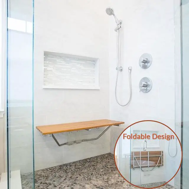 Alt view image 4 of 7 - 36" ADA Compliant Shower Seat Teak Wood Folding Bench Wall Mounted Coated Modern