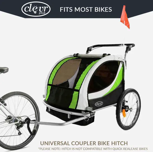 Alt view image 3 of 7 - ClevrPlus Deluxe 3-in-1 Double Seat Bike Trailer Stroller Jogger for Kids, Green