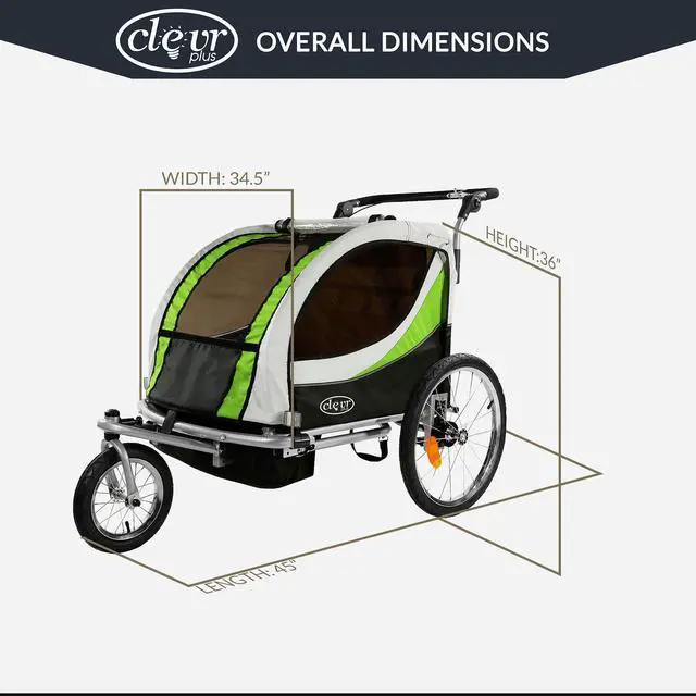 Alt view image 4 of 7 - ClevrPlus Deluxe 3-in-1 Double Seat Bike Trailer Stroller Jogger for Kids, Green