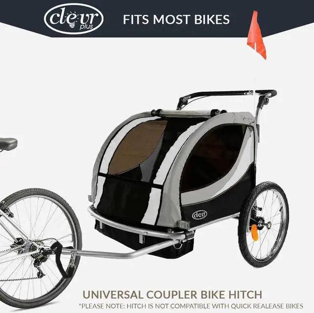 Alt view image 2 of 7 - ClevrPlus Deluxe 3-in-1 Double Seat Bike Trailer Stroller Jogger for Kids, Grey