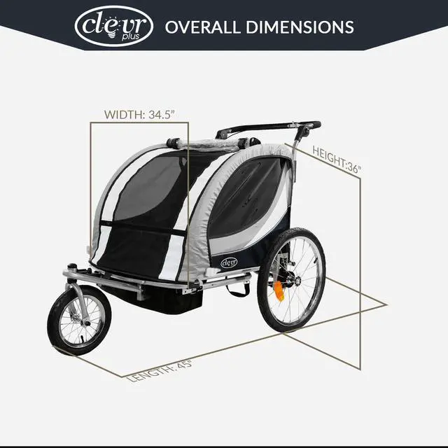 Alt view image 4 of 7 - ClevrPlus Deluxe 3-in-1 Double Seat Bike Trailer Stroller Jogger for Kids, Grey