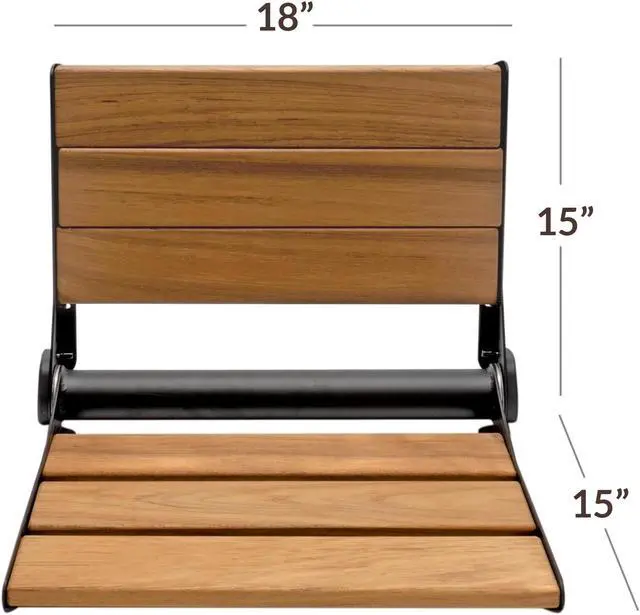 Alt view image 3 of 7 - 18" ADA Compliant Folding Teak Wood Shower Bench Seat Medical Wall Mount Black