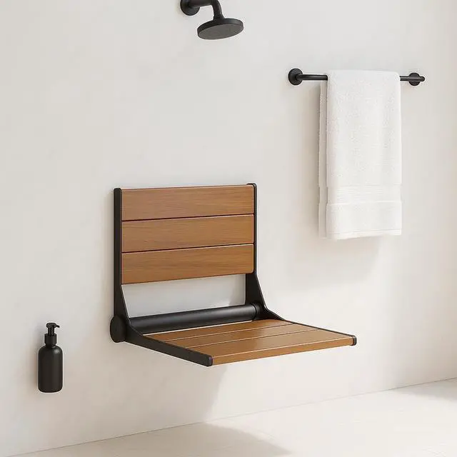 Alt view image 2 of 7 - 18" ADA Compliant Folding Teak Wood Shower Bench Seat Medical Wall Mount Black