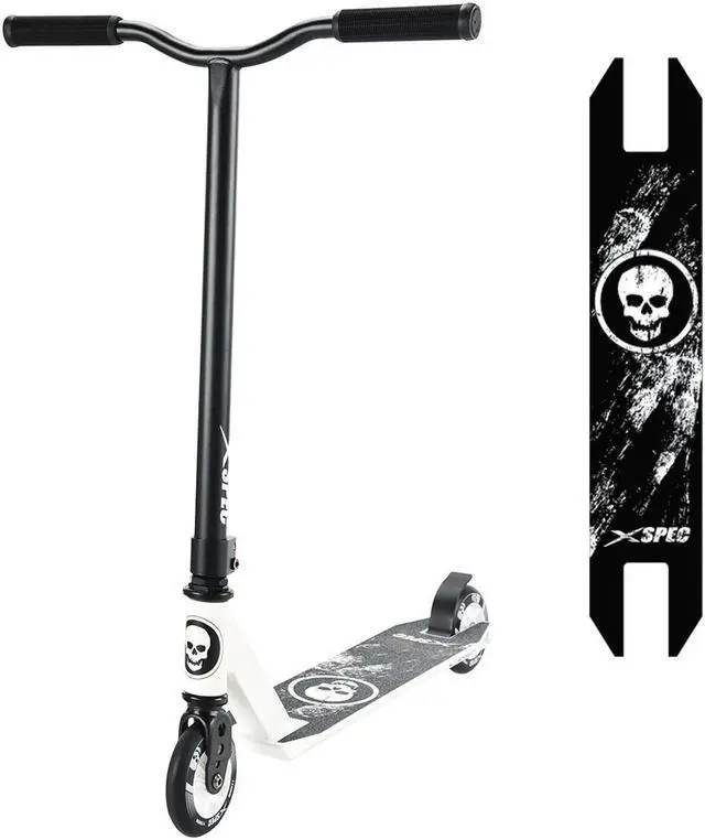 Alt view image 2 of 7 - Xspec Pro Stunt Kick Scooter w/ Strong Aluminum Deck, White & Black w/ Skulls