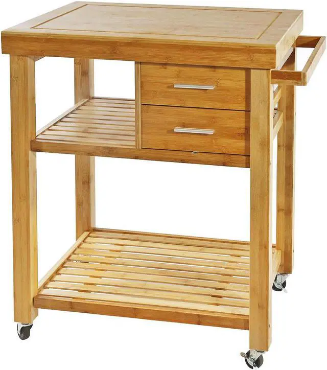 Alt view image 2 of 8 - Rolling Bamboo Wood Kitchen Island Cart Trolley, w/ Towel Rack Drawer Shelves