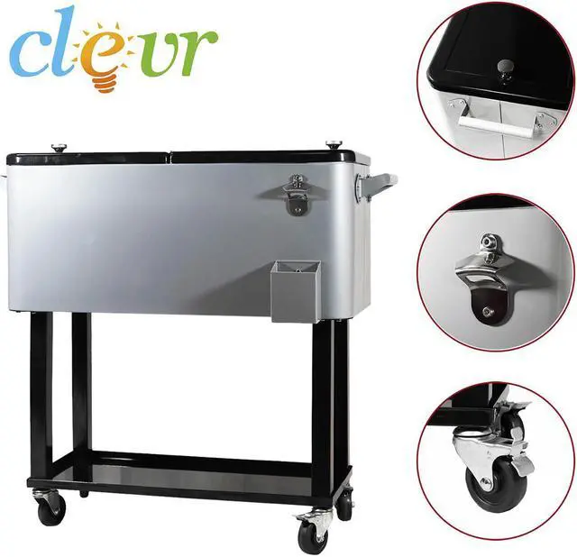 Alt view image 6 of 7 - Clevr 80 Qt Quart Rolling Cooler Ice Chest Patio Outdoor Picnic Portable Grey