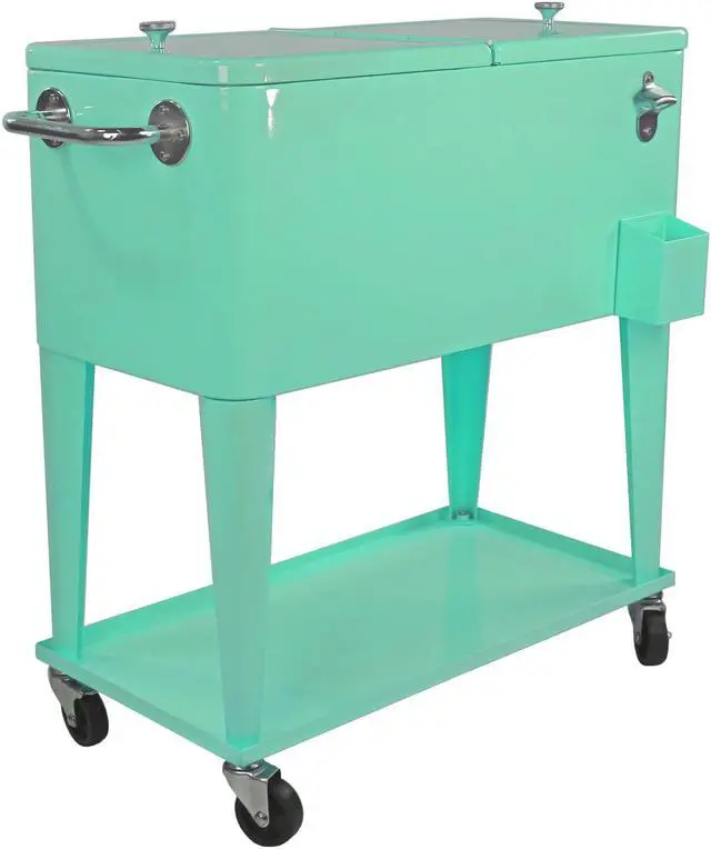 Alt view image 7 of 7 - Retro 80Qt Quart Rolling Cooler Cart Ice Chest Patio Outdoor Portable Seafoam