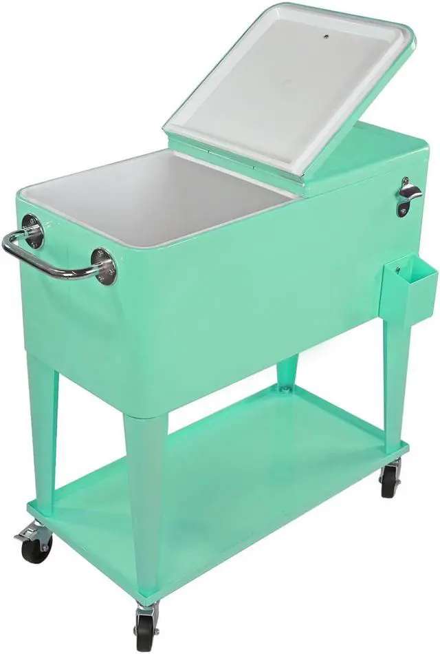 Alt view image 4 of 7 - Retro 80Qt Quart Rolling Cooler Cart Ice Chest Patio Outdoor Portable Seafoam
