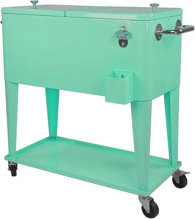 Alt view image 2 of 7 - Retro 80Qt Quart Rolling Cooler Cart Ice Chest Patio Outdoor Portable Seafoam