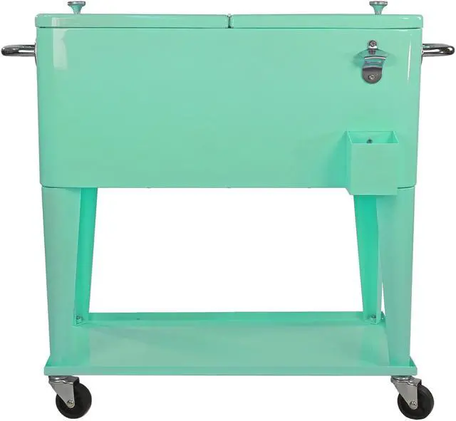 Alt view image 3 of 7 - Retro 80Qt Quart Rolling Cooler Cart Ice Chest Patio Outdoor Portable Seafoam