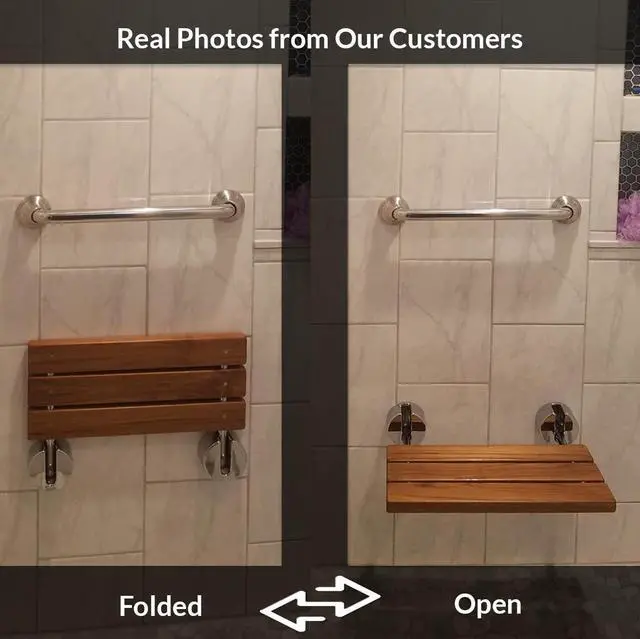 Alt view image 5 of 7 - Clevr 20" Teak Modern Folding Shower Seat Bench Clear Coated Medical Wall Mount