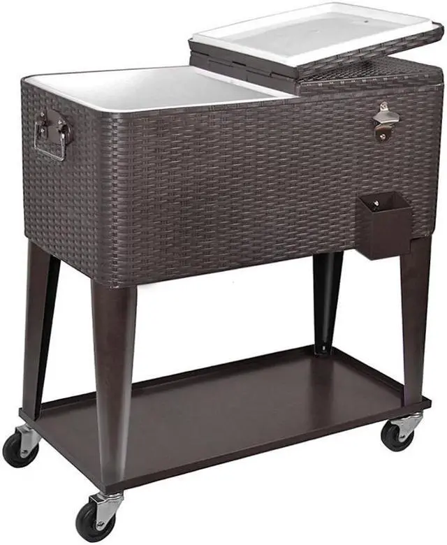 Alt view image 2 of 7 - Clevr Outdoor Patio Rolling Cooler 80 Qt Wicker Ice Beer Chest Cart Brown Rattan