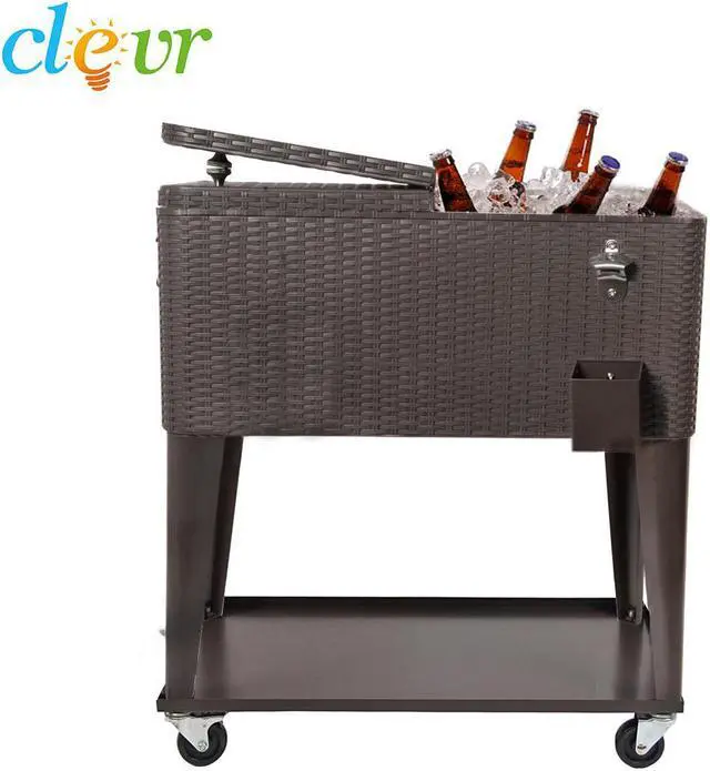 Alt view image 5 of 7 - Clevr Outdoor Patio Rolling Cooler 80 Qt Wicker Ice Beer Chest Cart Brown Rattan