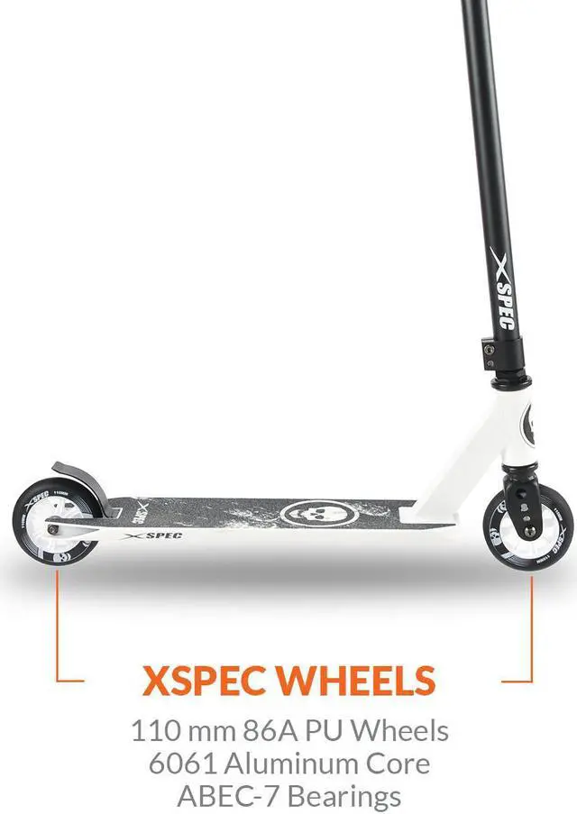 Alt view image 4 of 7 - Xspec Pro Stunt Kick Scooter w/ Strong Aluminum Deck, White & Black w/ Skulls