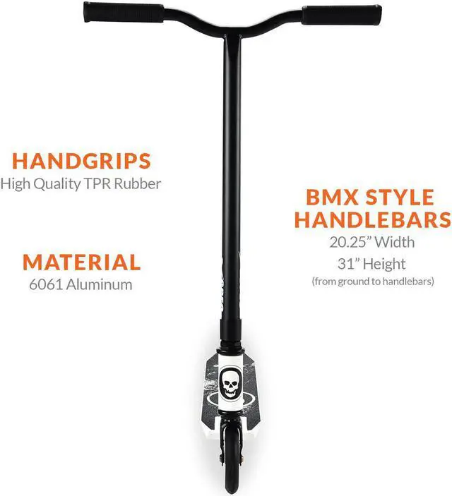 Alt view image 7 of 7 - Xspec Pro Stunt Kick Scooter w/ Strong Aluminum Deck, White & Black w/ Skulls