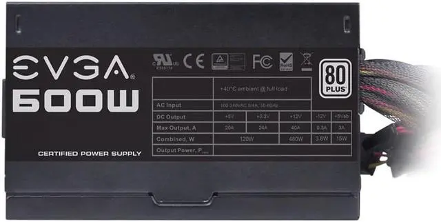 Alt view image 3 of 3 - EVGA 600W 80 Plus 100-W1-0600-K1 Power Supply, 600W (100w10600k1)