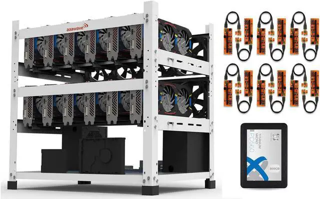 Main image of AAAwave 12GPU Mining Rig Frame (white) and 12 x AAAwave PCIe Riser V011 Pro and Titanium Micro PD560 500GB Internal SSD