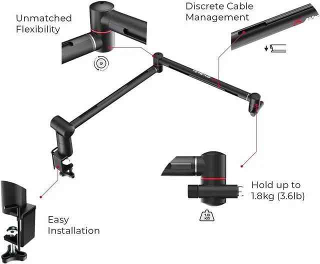 Alt view image 3 of 8 - AVerMedia Live Streamer ARM - Premium Broadcasting Boom Arm with Cable Management, Desk Clamp, 5/8" Thread & 1/4" Thread Adapter, Fully adjustable, Perfect for Podcasts, Streaming, Gaming (BA311)