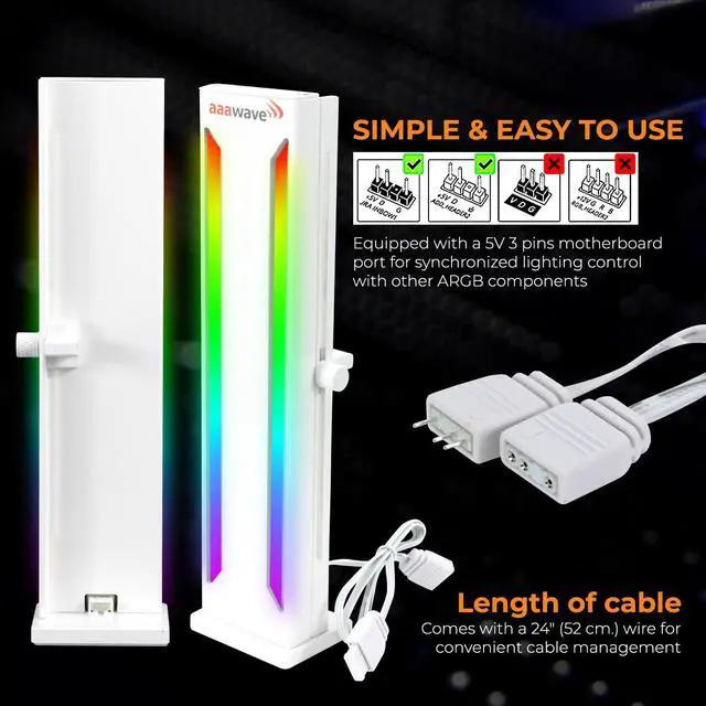 Alt view image 4 of 5 - AAAwave AAAGPUBRKT-RGB-WH A-RGB GPU Support Bracket, 5V 3 PIN Adjustable Height GPU Brace with Magnet base (White)