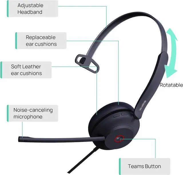Alt view image 2 of 15 - Yealink 1308103 UH37 Mono Teams USB Headset with Microphone for PC Laptop Noise Cancelling , VoIP Skype MS Teams Online