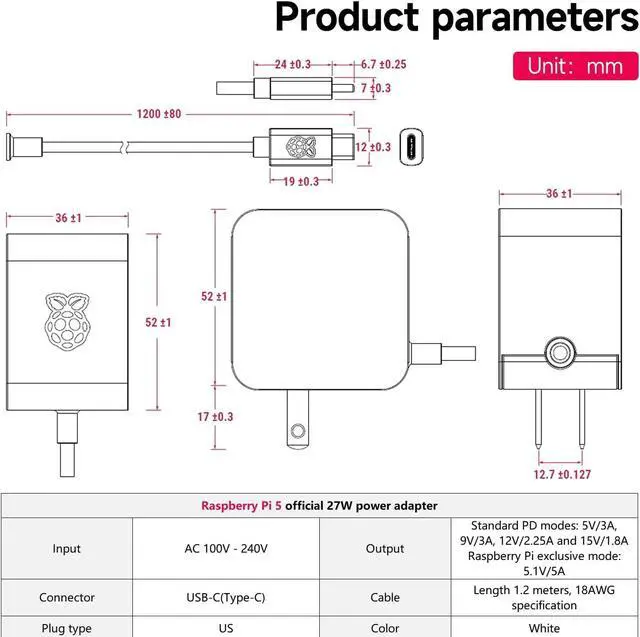 Alt view image 5 of 7 - Raspberry Pi SC1158 Power Adapter Pi5 Official Original 27W Power PD Adapter USB-C 5.1V5A Type-C Interface (Black)