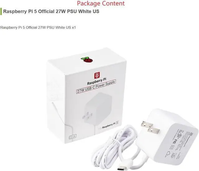 Alt view image 2 of 7 - Raspberry Pi SC1153 Power Adapter Pi5 Official Original 27W Power PD Adapter USB-C 5.1V5A Type-C Interface (White)