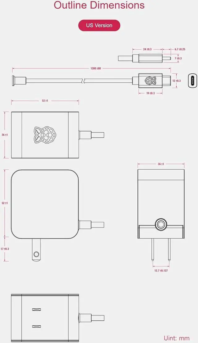 Alt view image 7 of 7 - Raspberry Pi SC1153 Power Adapter Pi5 Official Original 27W Power PD Adapter USB-C 5.1V5A Type-C Interface (White)