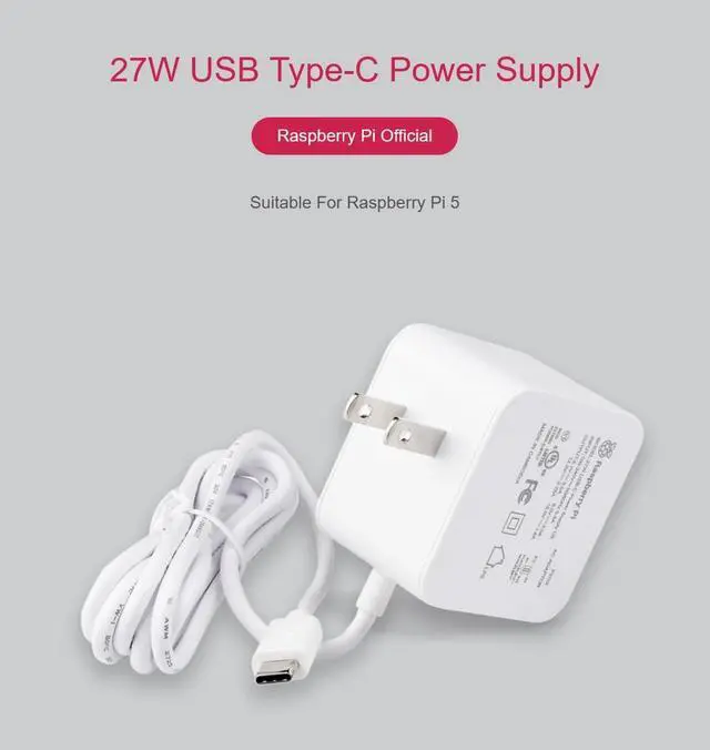 Alt view image 3 of 7 - Raspberry Pi SC1153 Power Adapter Pi5 Official Original 27W Power PD Adapter USB-C 5.1V5A Type-C Interface (White)