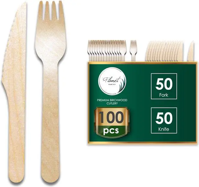 Main image of Planet Pantry Disposable Birchwood Cutlery Wooden Bamboo-Like for Party - Fork & Knife - 50 pcs each