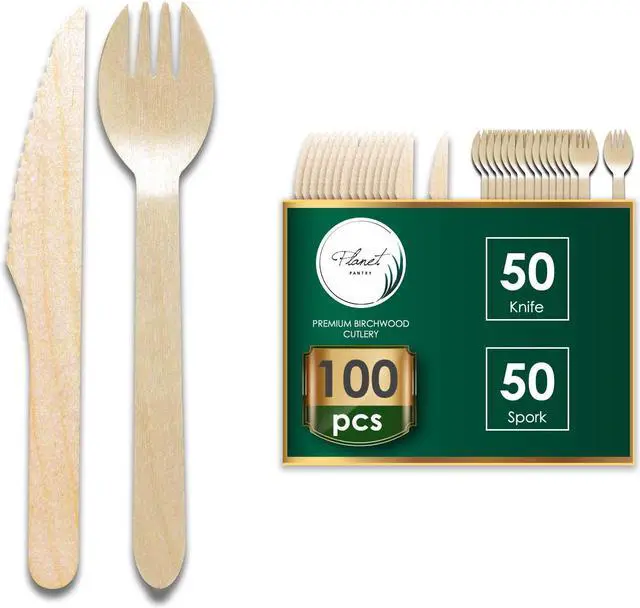 Main image of Planet Pantry Disposable Birchwood Cutlery Wooden Bamboo-Like for Party - Knife & Spork - 50 pcs each