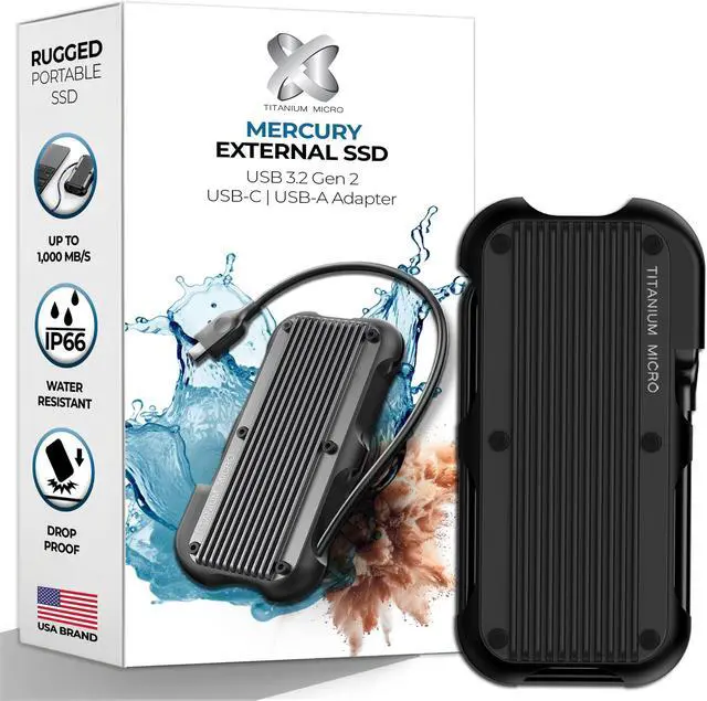 Main image of Titanium Micro External SSD 4TB - Mercury Portable SSD, Up to 1000MB/s, USB 3.2 Gen 2 USB-C, USB-A, Rugged IP66 Water Drop Resistance, External Solid State Drive Slim and Lightweight Storage
