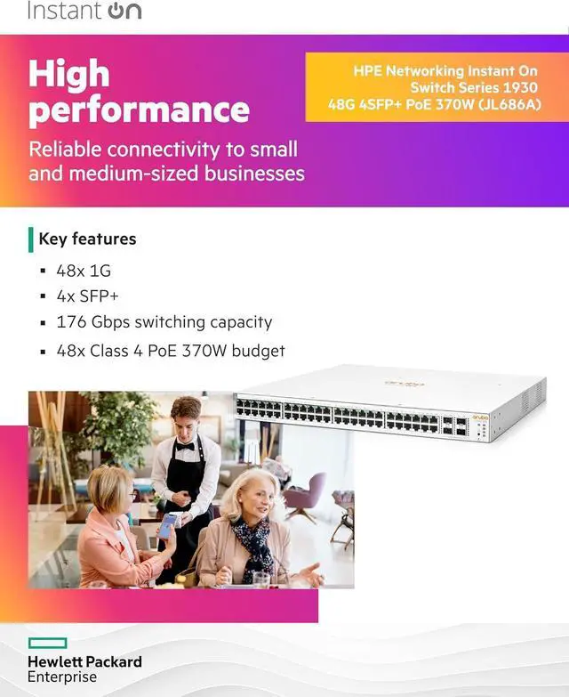 Alt view image 6 of 7 - Aruba Instant On 1930 48-Port Gb Ethernet 48xGE PoE (370W), 4X 1G/10G SFP+, L2+ Smart Switch US Cord (JL686A#ABA)