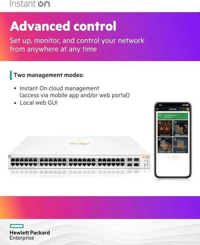 Alt view image 5 of 7 - Aruba Instant On 1930 48-Port Gb Ethernet 48xGE PoE (370W), 4X 1G/10G SFP+, L2+ Smart Switch US Cord (JL686A#ABA)