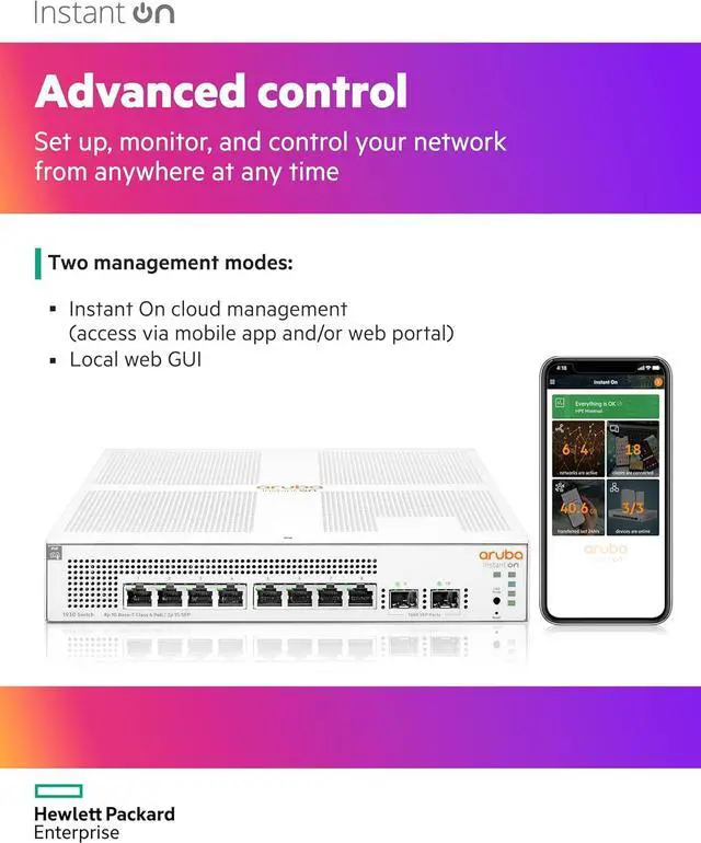Alt view image 4 of 7 - HPE JL681A#AC3 Instant On 1930 8-Port PoE Gb Ethernet 8xGE PoE (124W), 2X 1G SFP, L2+ Smart Switch International Cord