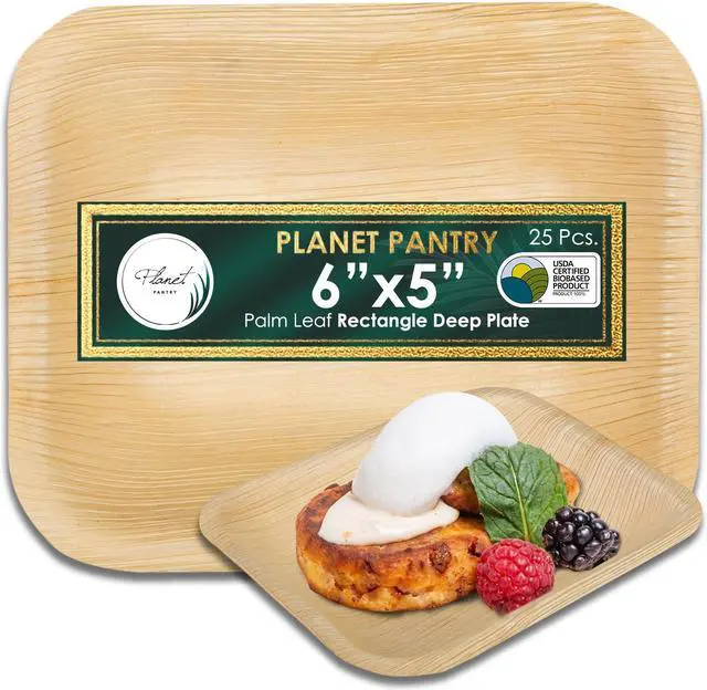 Main image of Planet Pantry Disposable Palm Leaf 6"x5" Rectangle Deep Plate (25 pcs) Wooden Bamboo-Like Paper and Plastic Alternative Eco-Friendly for Food, Party, Buffet