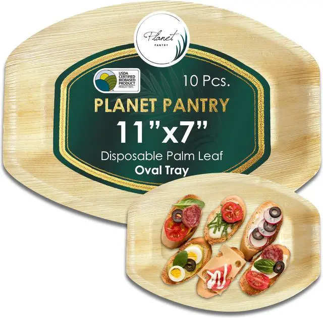 Main image of Planet Pantry Disposable Palm leaf 11" x 7" Oval Tray (10 pcs) Wooden Bamboo-Like Plastic Alternative Eco-Friendly for Food, Party, Buffet