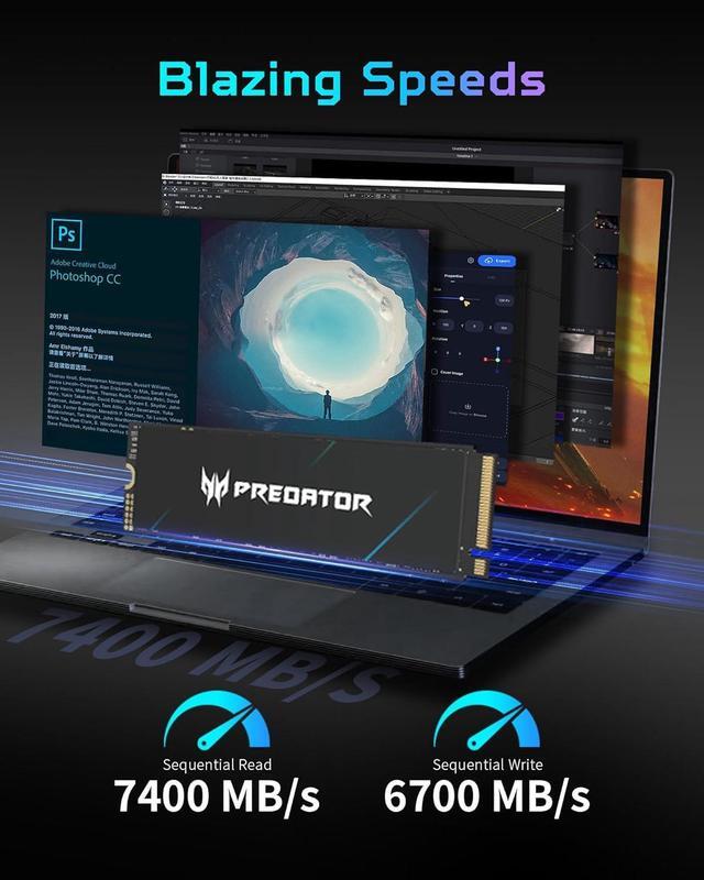 Alt view image 3 of 7 - Acer Predator GM7000 1TB NVMe Gen4 Gaming SSD w/ Titanium Micro Nitro Flex M.2 SSD M.2 2280 SSD Rocket Heatsink