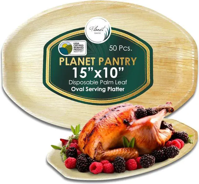 Main image of Planet Pantry Disposable Palm leaf 15" x 10" Oval Serving Platter (50 pcs) Wooden Bamboo-Like Plastic Alternative Eco-Friendly for Food, Party, Buffet