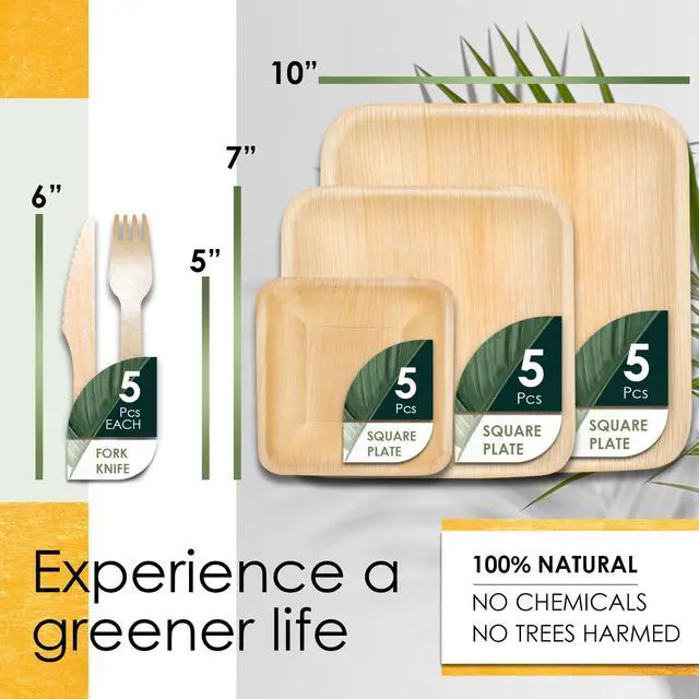 Alt view image 2 of 7 - Planet Pantry Party Tableware Pack 25 Pcs - Compostable Biodegradable Plates - 10" & 7" Square Plates, 5" Bowls, Knives & Forks - Disposable Palm Leaf Bamboo Dinnerware for Party Appetizer Camping