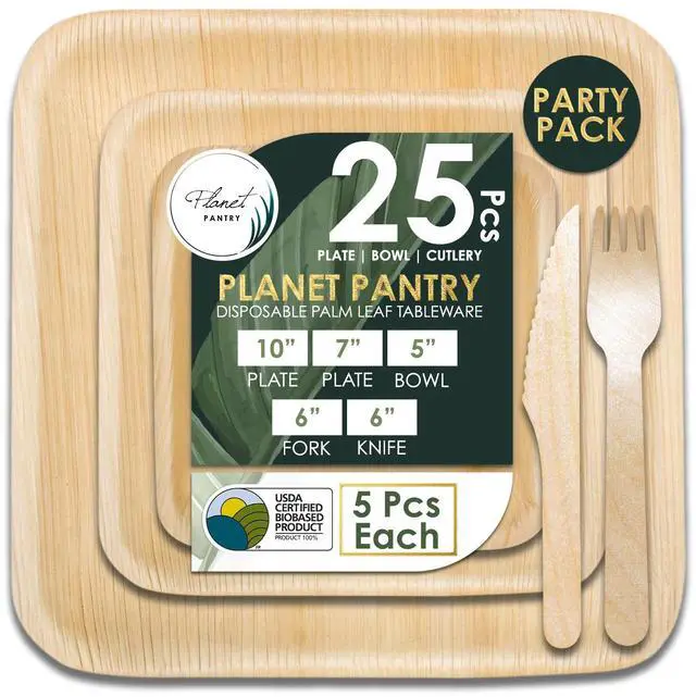 Main image of Planet Pantry Party Tableware Pack 25 Pcs - Compostable Biodegradable Plates - 10" & 7" Square Plates, 5" Bowls, Knives & Forks - Disposable Palm Leaf Bamboo Dinnerware for Party Appetizer Camping