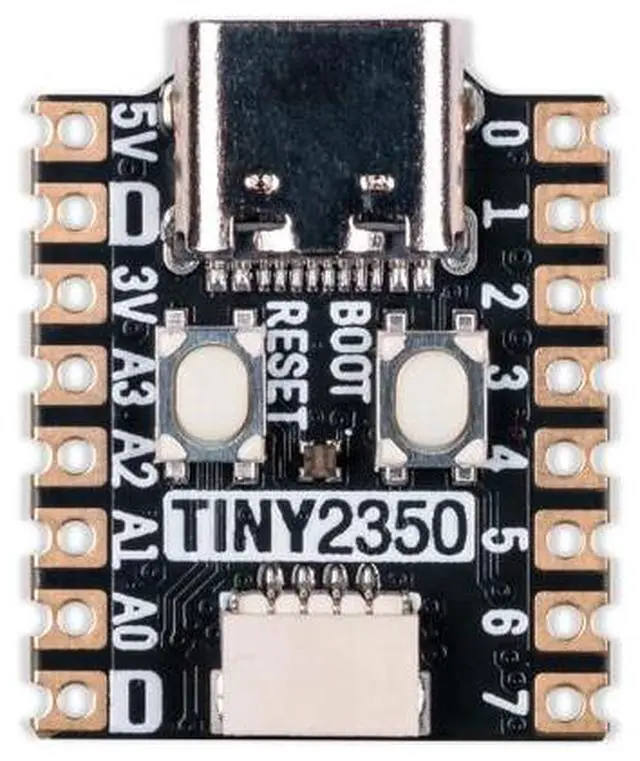 Main image of Pimoroni PIM721 postage stamp sized RP2350 development board with a USB-C connection, perfect for portable projects