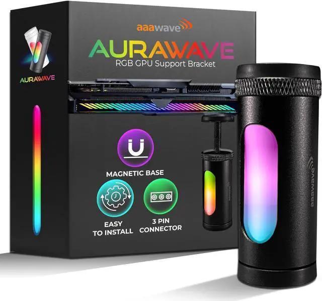 Main image of AAAwave AURAWAVE GPU Support Bracket, Anti-Sag Video Card Holder, Adjustable Height GPU Bracket with Magnet Base, 5V 3PIN ARGB Graphics Card Brace Support 67-110mm (Black)