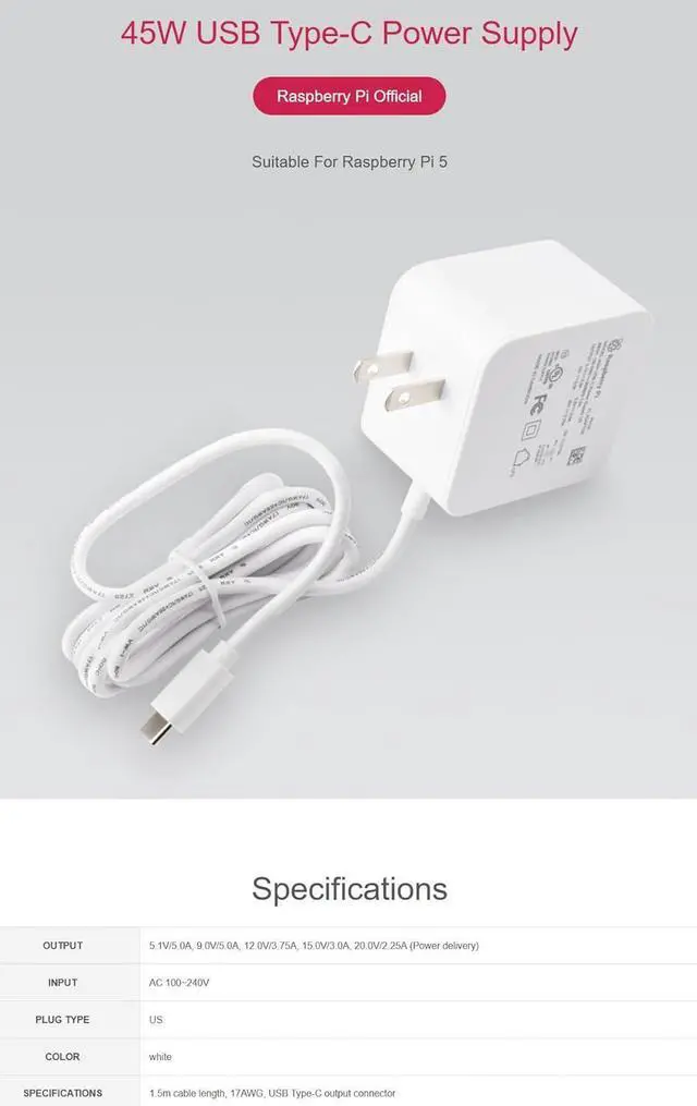 Alt view image 3 of 4 - Raspberry Pi SC1731 Accessories Power Adapter Pi5 Offical, Original 45W USB-C Power Supply - White (US)