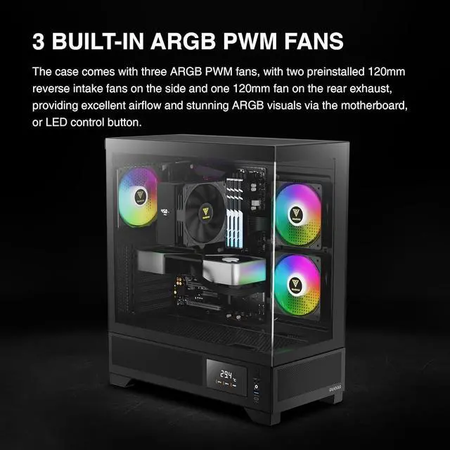 Alt view image 3 of 14 - Gamdias ATLAS M1 CPU/GPU Temperature Display, ATX Tempered Glass PC Case, Built-in 3X 120mm ARGB PWM Fans, fits: GPU 410mm, and 360mm AIO/Radiator