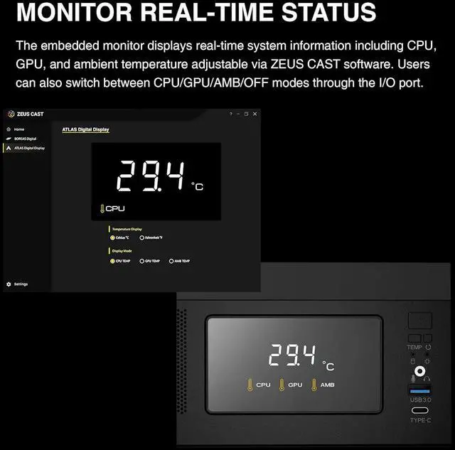 Alt view image 6 of 14 - Gamdias ATLAS M1 CPU/GPU Temperature Display, ATX Tempered Glass PC Case, Built-in 3X 120mm ARGB PWM Fans, fits: GPU 410mm, and 360mm AIO/Radiator