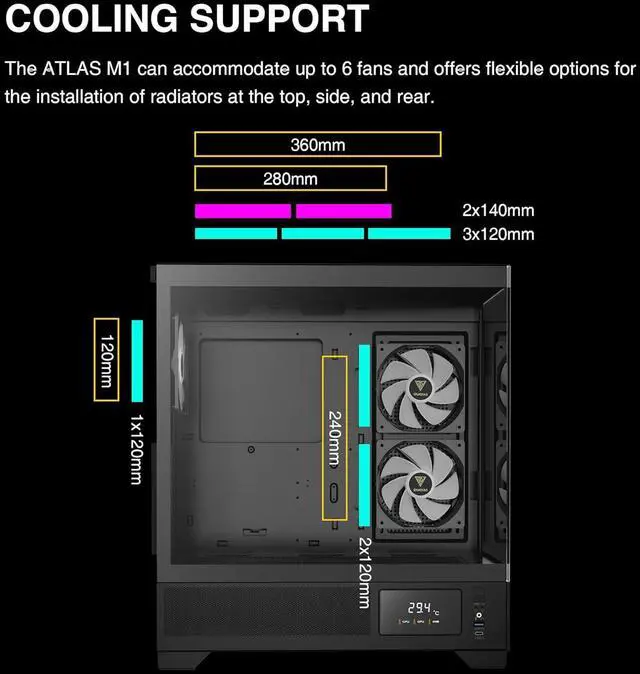 Alt view image 5 of 14 - Gamdias ATLAS M1 CPU/GPU Temperature Display, ATX Tempered Glass PC Case, Built-in 3X 120mm ARGB PWM Fans, fits: GPU 410mm, and 360mm AIO/Radiator