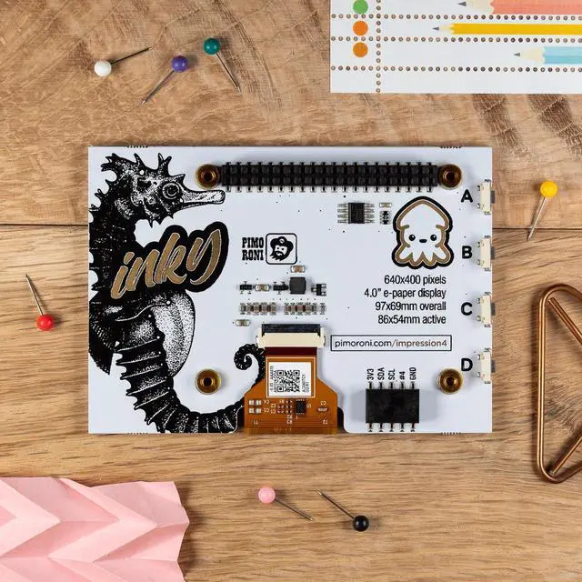 Alt view image 2 of 2 - Pimoroni PIM600 4"Inky Impression(7-Colour w/ black white red green blue yellow orange.ePaper displays/eInk HAT) Display