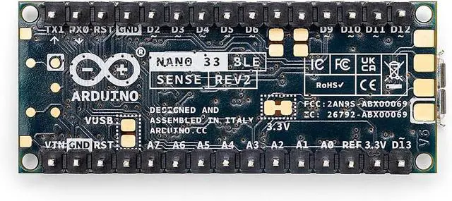 Alt view image 2 of 5 - Arduino ABX00070 Nano 33 BLE Sense Rev2 w/ Headers, AI Microcontroller ,Bluetooth, Wearables,Gesture &Voice Recognition
